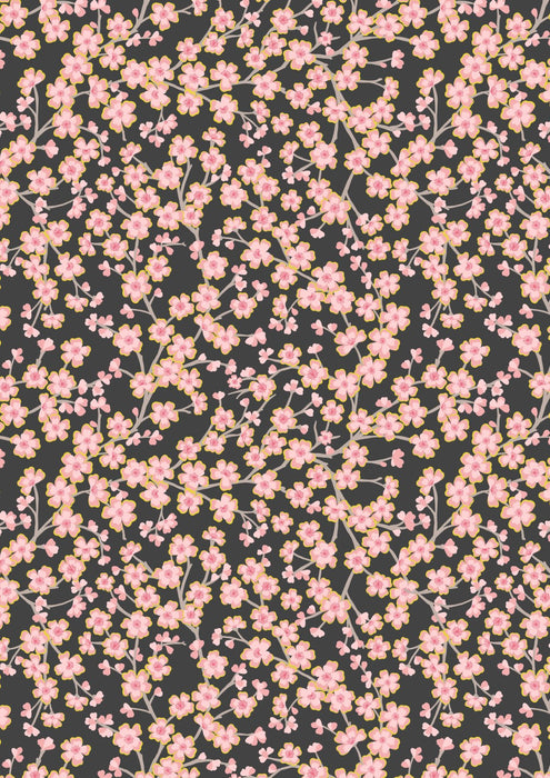 LI Sakura Pink Flowers on Charcoal, Gold Metallic A923C