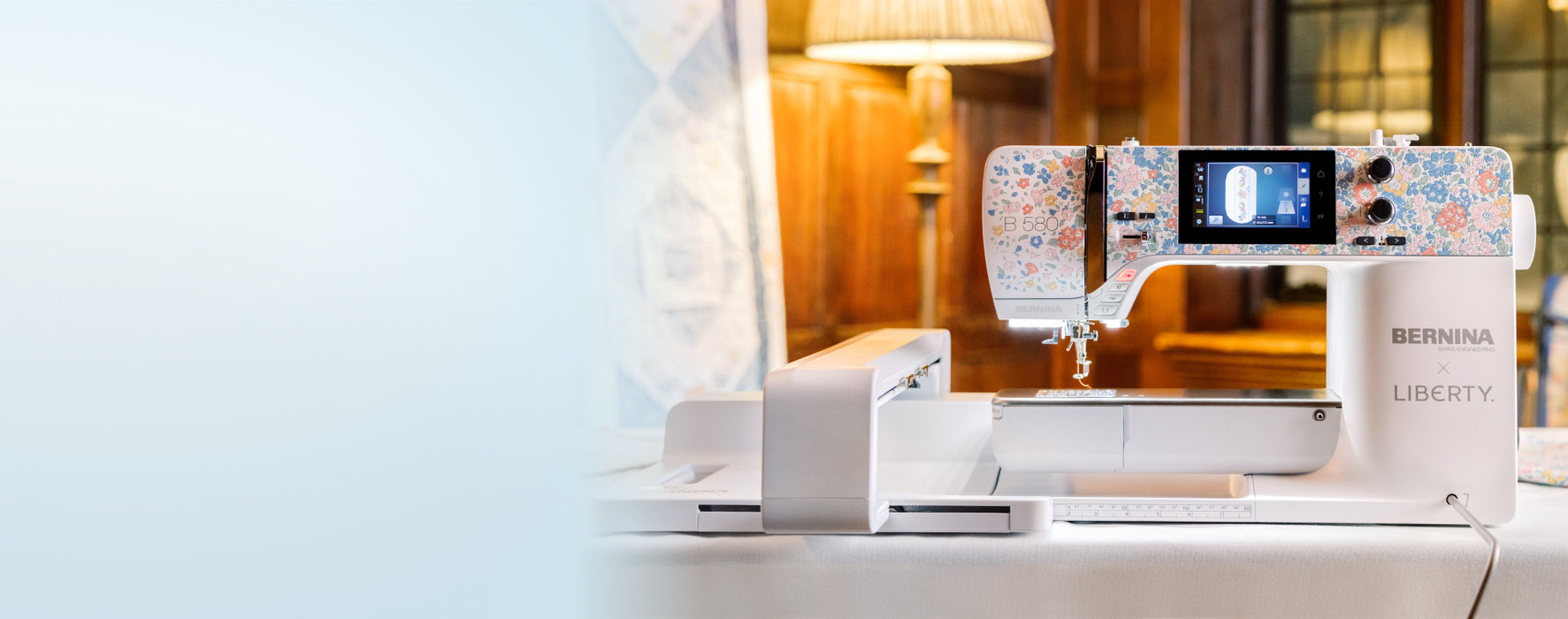 BERNINA 580 Liberty Edition with embroidery module attached embroidering a design
