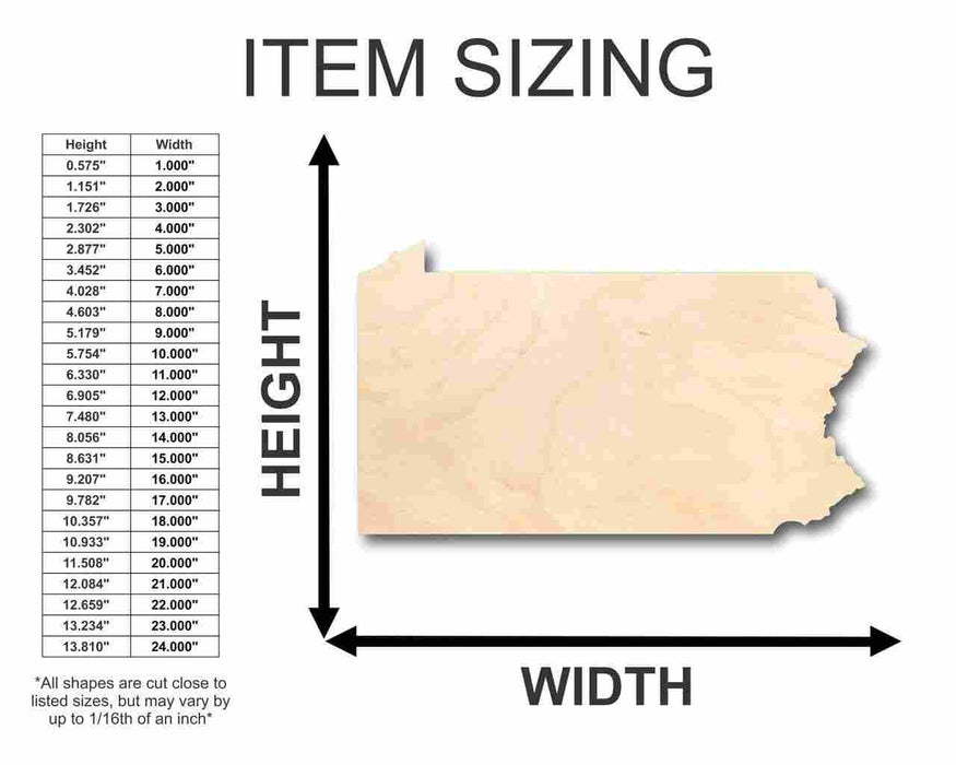 Unfinished Wood Pennsylvania Shape - State - Craft - up to 46" DIY