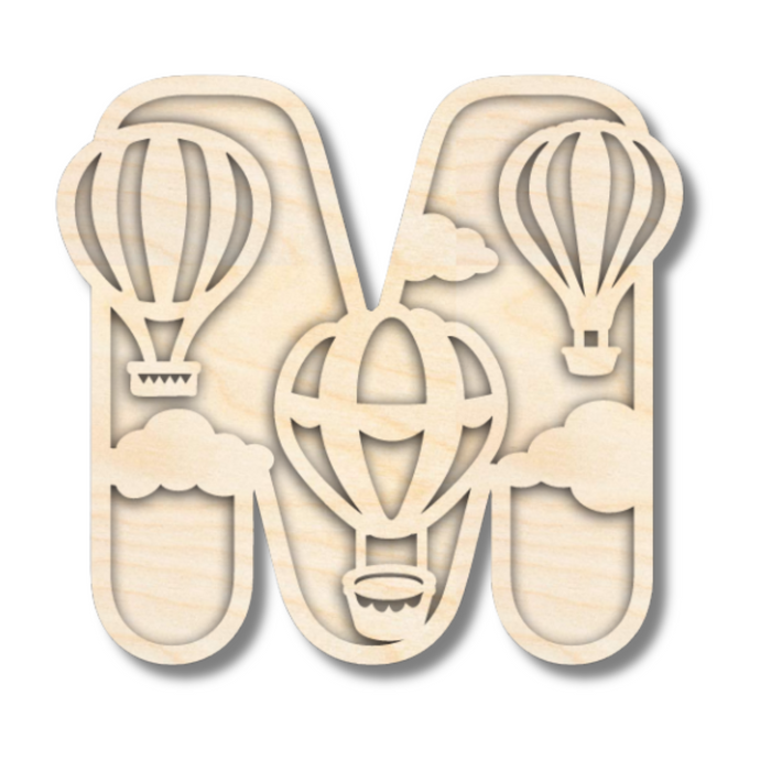 Unfinished Wood Layered Themed Letters | Clouds & Hot Air Balloons | A-Z | 2 Piece | up to 24"