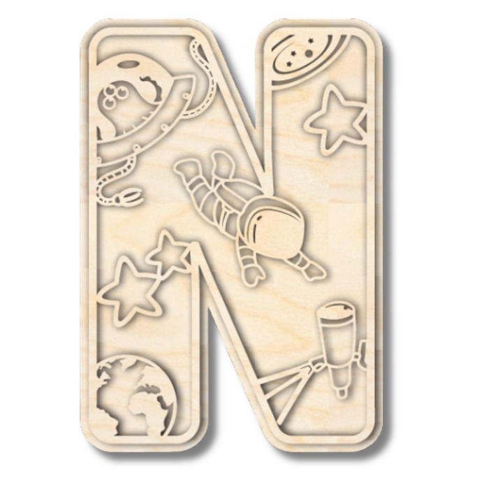 Unfinished Wood Layered Themed Letters | Space | A-Z | 2 Piece | up to 24"