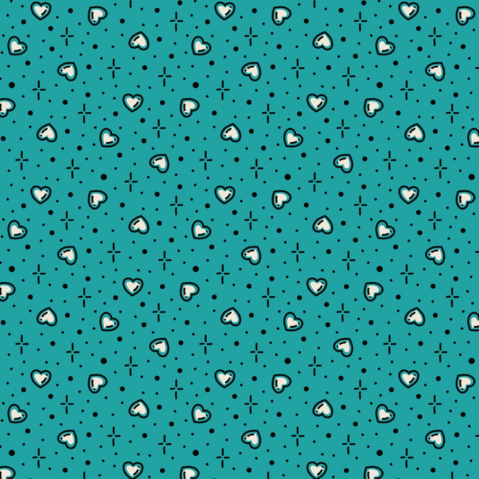 Teal Hearts Love Ink 3388 Cotton 44”/45” Fabric Per Yard