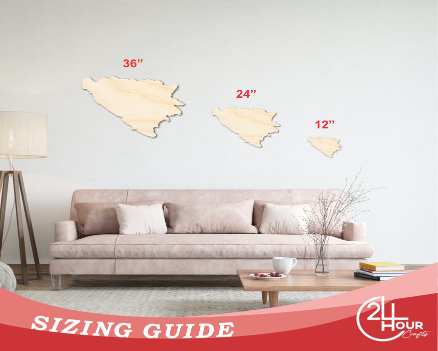 Unfinished Wood Bosnia and Herzegovina Country Shape - Southeast Europe Craft - up to 46" DIY