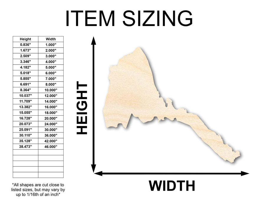 Unfinished Wood Eritrea Country Shape - East African Craft - up to 46" DIY