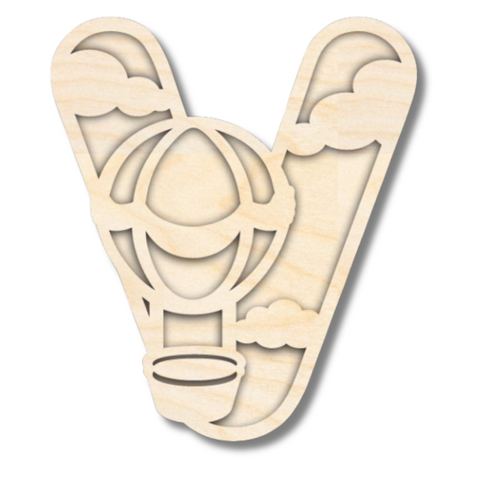 Unfinished Wood Layered Themed Letters | Clouds & Hot Air Balloons | A-Z | 2 Piece | up to 24"