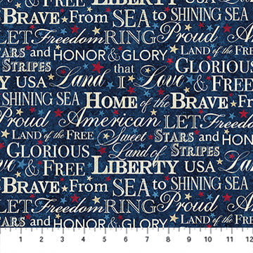 Stars And Stripes 14 Multi Words Navy Cotton 43"/44" Fabric Per Yard
