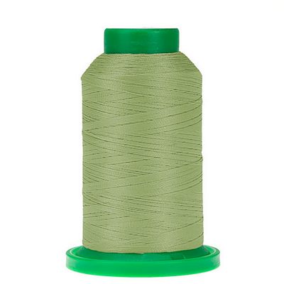 A spool of light olive green sewing thread wound on a bright green plastic cone, isolated on a white background.