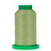 A spool of light olive green sewing thread wound on a bright green plastic cone, isolated on a white background.