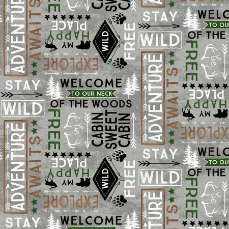 WL Cabin Welcome Flannel 36104 901 Grey Word Toss
