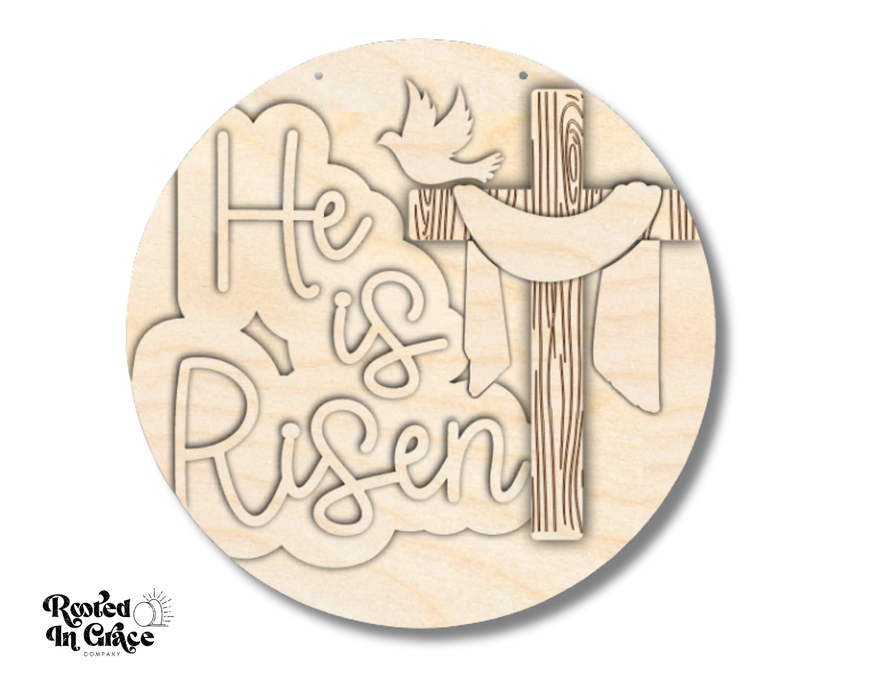 Unfinished Wood He Is Risen Cross Door Sign Kit | Rooted in Faith | 18" | Wood Craft Cutouts | 1/4" Thick |