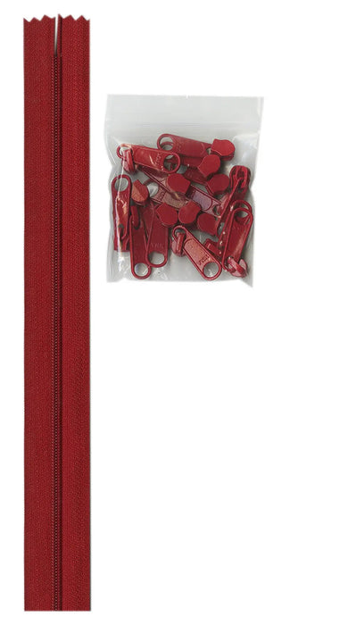 4 yards of 16mm #4.5 zipper chain and 16 Extra-Large Coordinated Pulls Hot Red