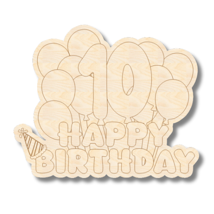 Unfinished Wood Etched 10th Birthday Balloons Shape | Paint By Line Crafts | up to 30" DIY