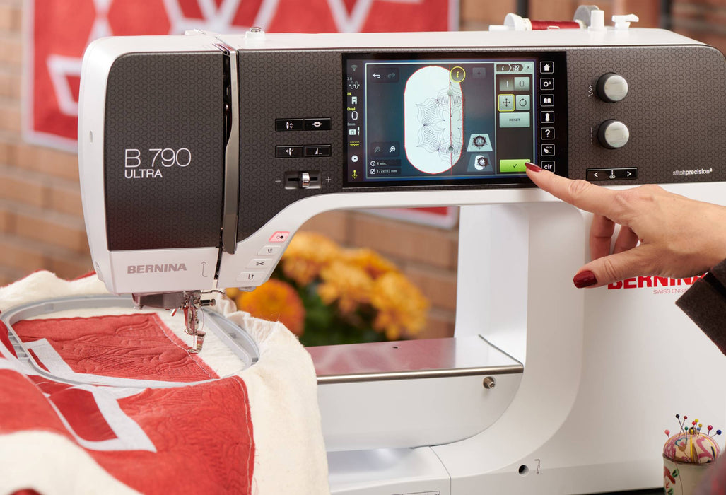 BERNINA 790 ULTRA machine embroidering a quilt using the 7-inch color touchscreen