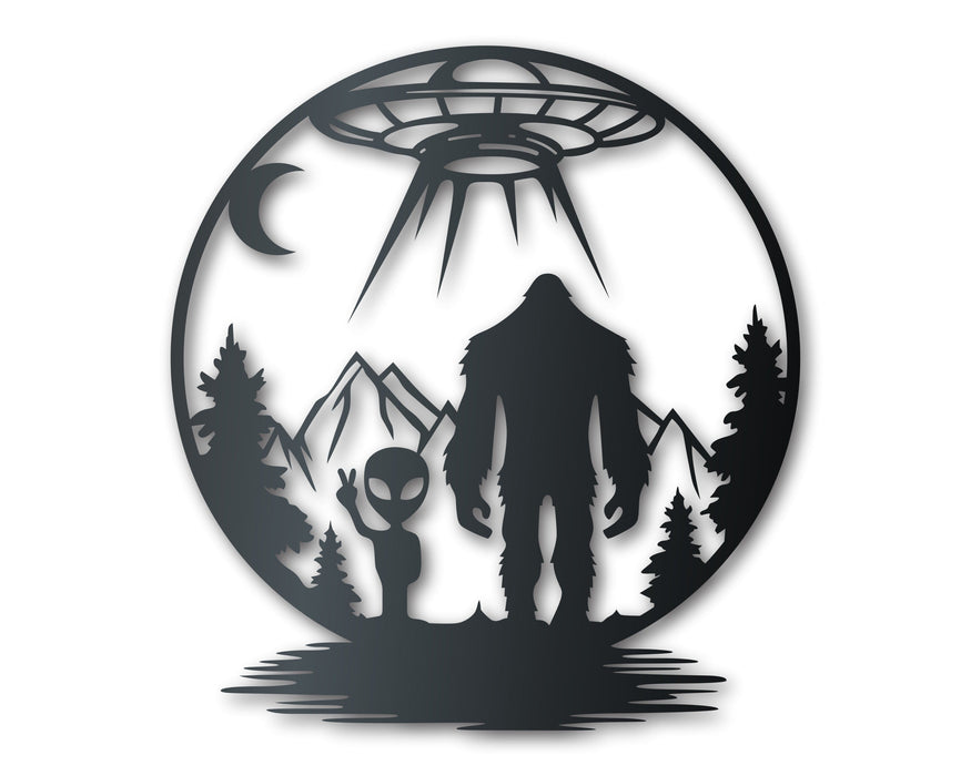 Bigfoot and Alien Metal Wall Art | Indoor Outdoor | Up to 46" | Over 20 Color Options