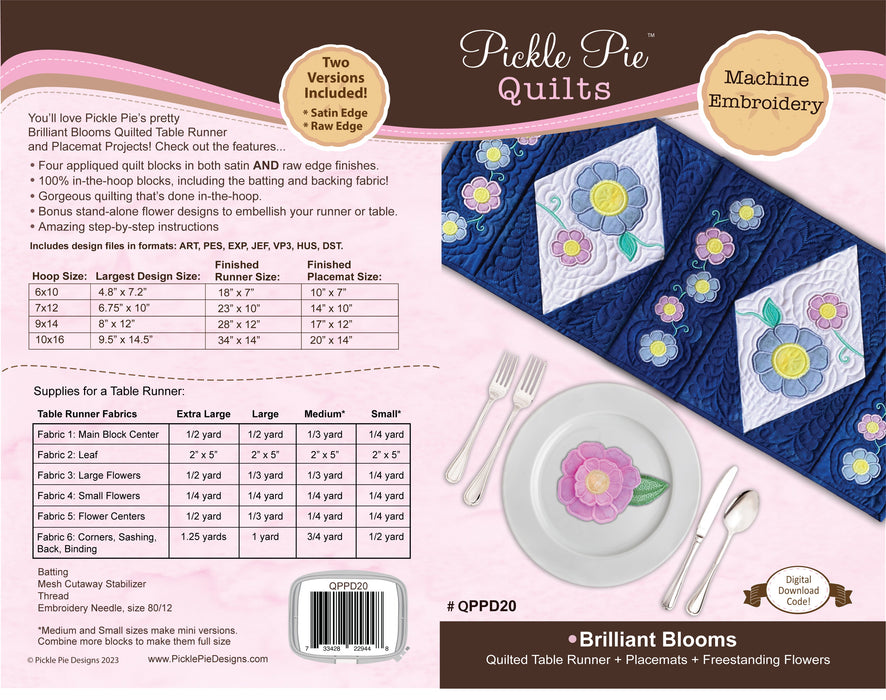Brilliant Blooms Quilt Table Runner In-the-Hoop Embroidery Design