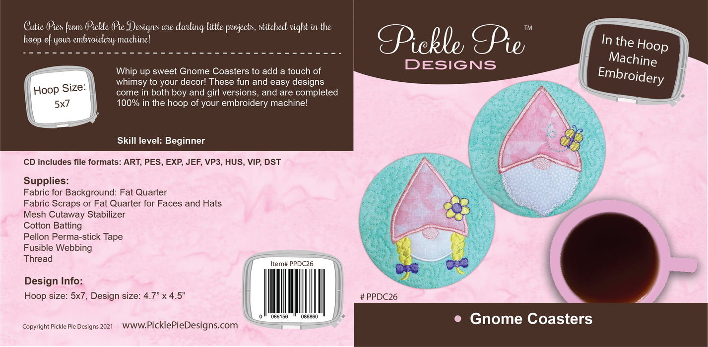 Gnome Boy & Girl Coasters In the Hoop Embroidery Design Collection