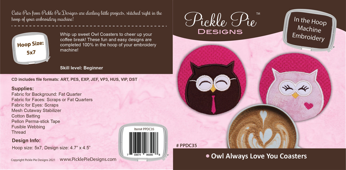 Owl Always Love You Coasters In the Hoop Embroidery Design Collection