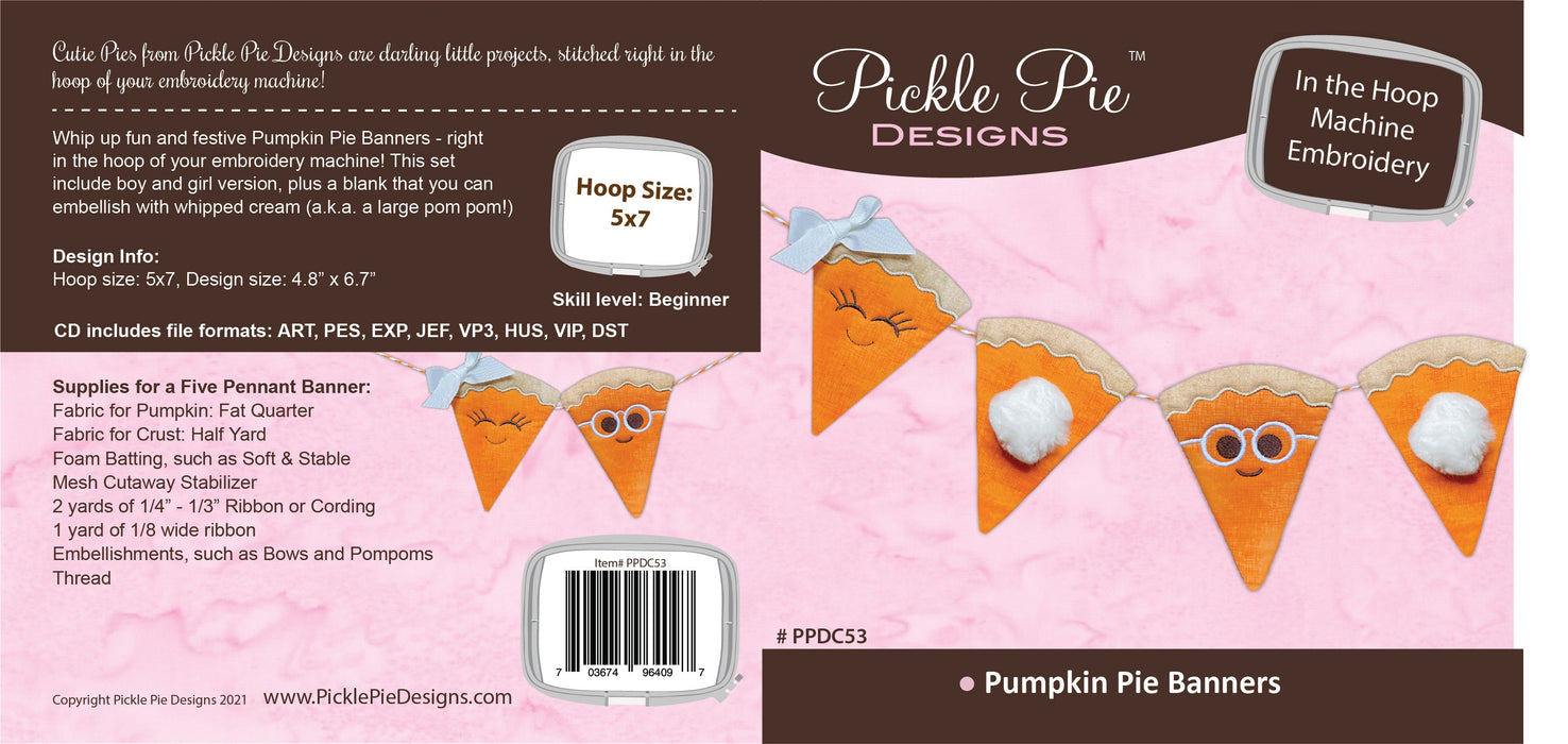 Pumpkin Pie Banner In the Hoop Embroidery Design Collection