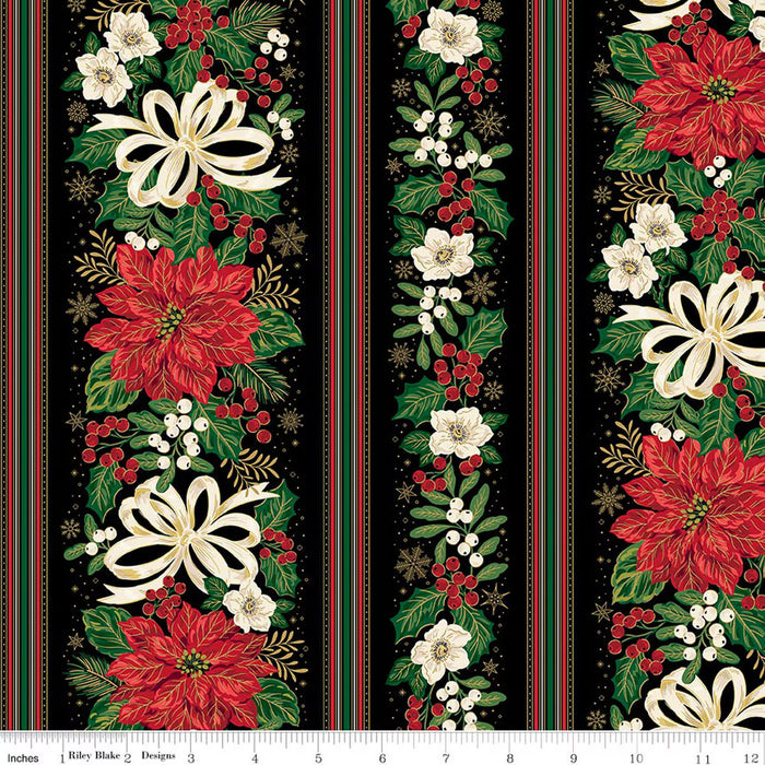RB Border Stripe Black Foil - Poinsettias at Christmas