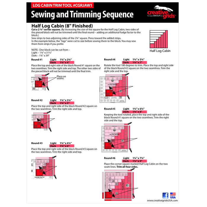 Creative Grids Log Cabin Trim Tool for 8in Finished Blocks Quilt Ruler