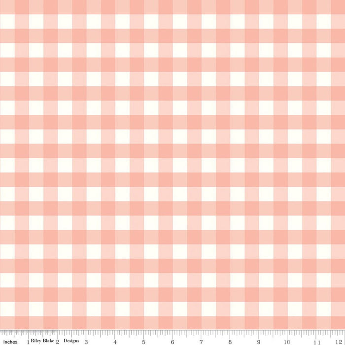 Love You to the Moon Gingham Coral Quilt Fabric