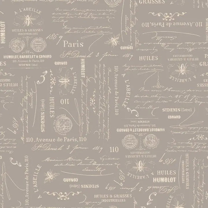 Grey Charcoal Bee Script Cotton Wideback Fabric per yard