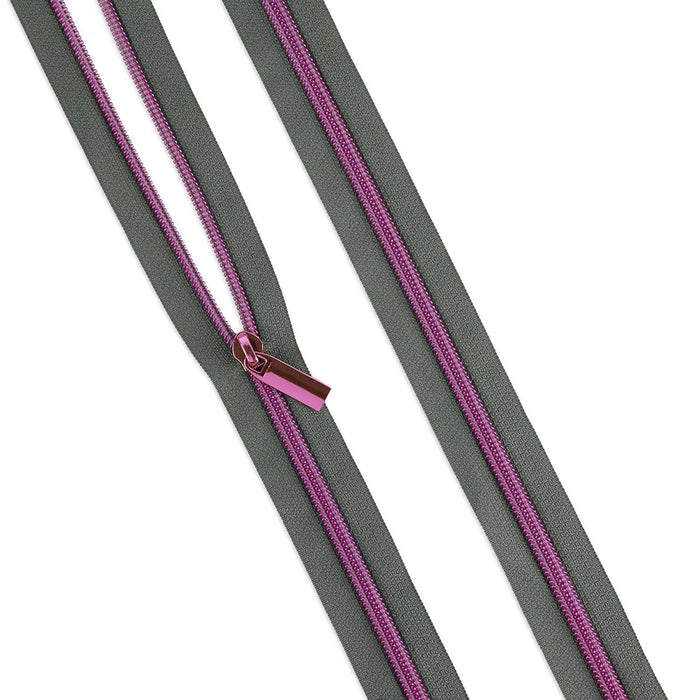 Grey #5 Nylon Tula Pink Coil Zipper 3yds and 9 Pulls