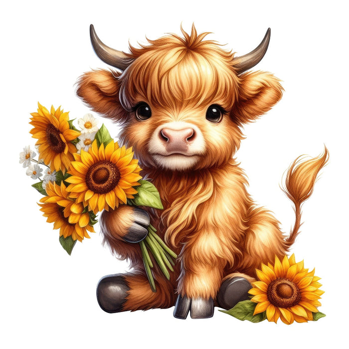 Highland Cow With Sunflowers Fabric Panel 1