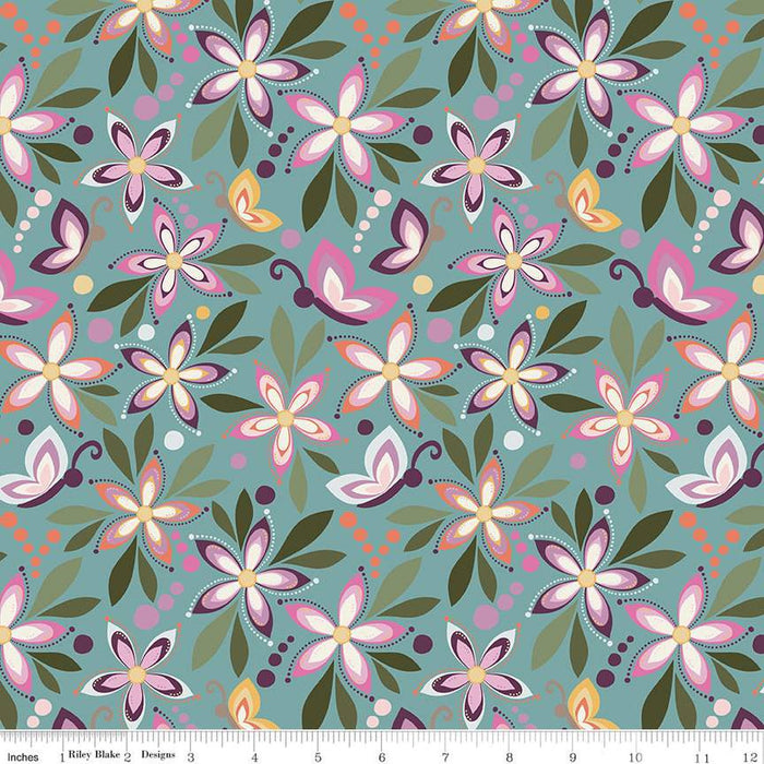 Juju's Petals Main Teal Cotton 43"/44" Fabric Per Yard
