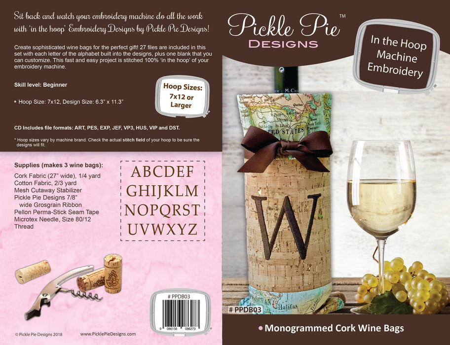 Monogrammed Cork Wine Bags In the Hoop Embroidery Design Collection