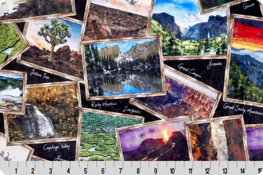 Multi Black National Parks Digital Cuddle Black Fabric per yard