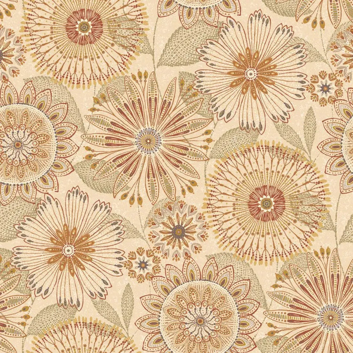 Natural Tan Floral Medallions Cotton Wideback Fabric per yard