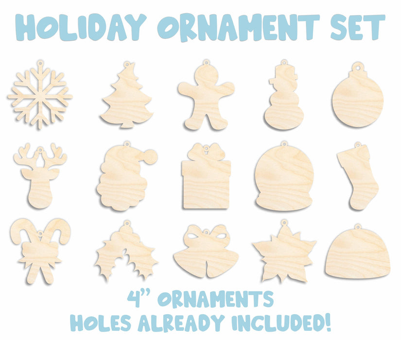 Unfinished Wood Stocking Stuffer DIY Ornament Craft Bundle | Christmas Wood Craft Cutouts | 1/8" Thick | Hanging Ready Cutouts with Holes!