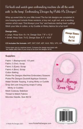 Owl Always Love You Bibs In the Hoop Machine Embroidery Design CD