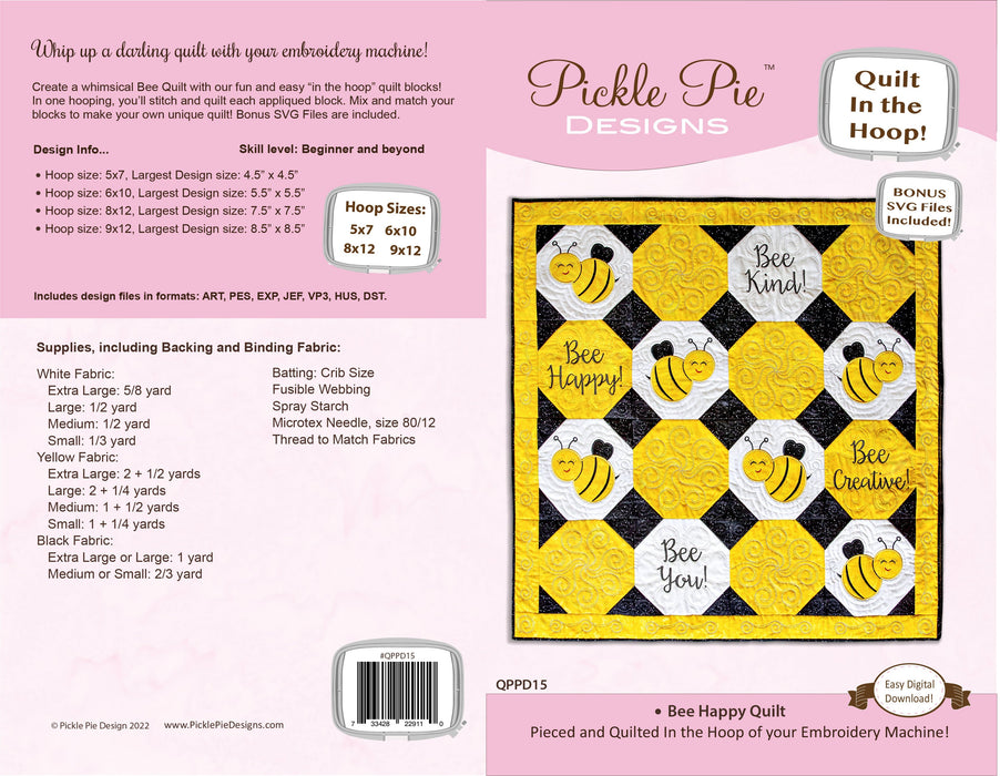 Bee Happy Quilt In the Hoop Machine Embroidery Design Set