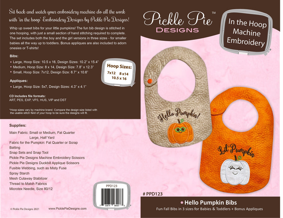 Hello Pumpkin Bibs In the Hoop Embroidery Design Collection