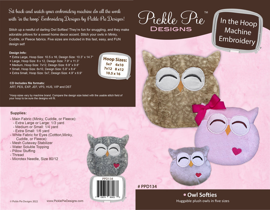 Owl Softies Design In the Hoop Machine Embroidery Design Set