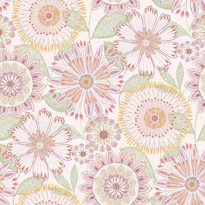 Pink Blush Floral Medallions Cotton Wideback Fabric per yard