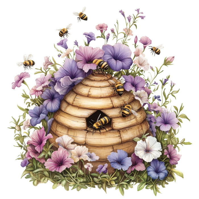 Rustic Beehive with Flowers Fabric Panel 13