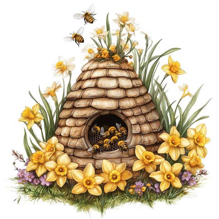 Rustic Beehive with Flowers Fabric Panel 16