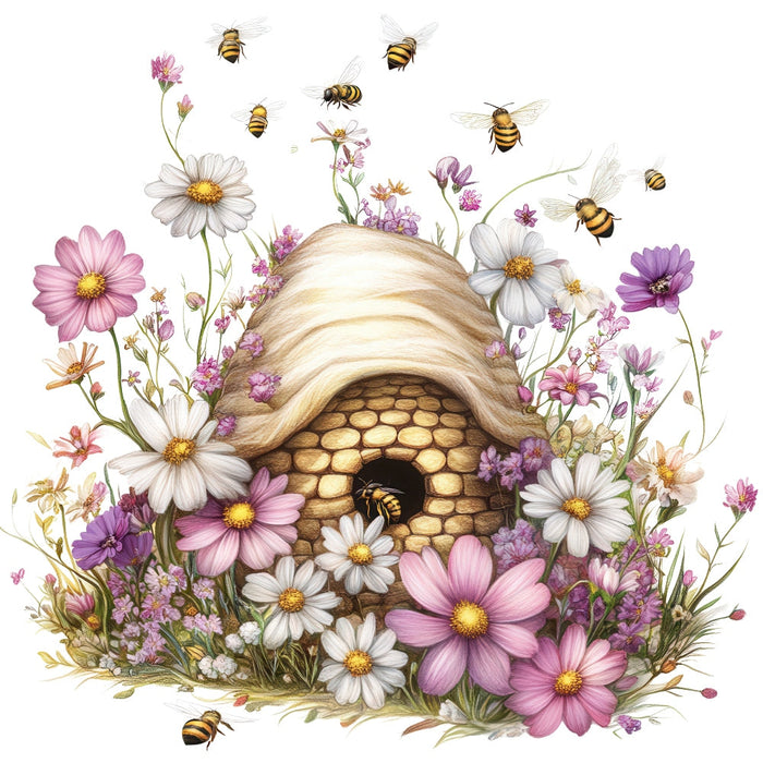 Rustic Beehive with Flowers Fabric Panel 24