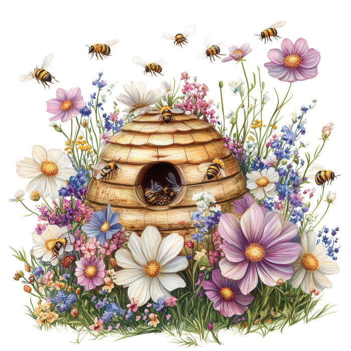 Rustic Beehive with Flowers Fabric Panel 25