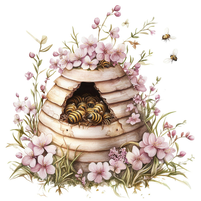Rustic Beehive with Flowers Fabric Panel 27