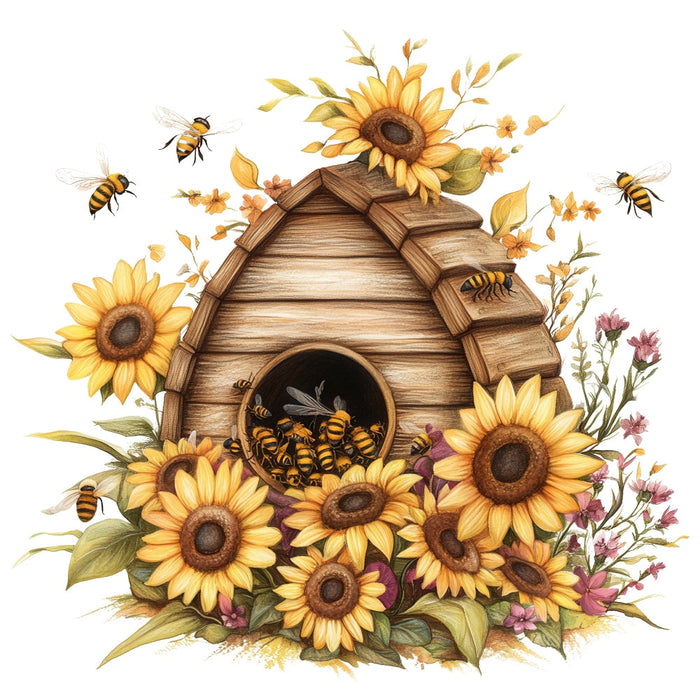 Rustic Beehive with Flowers Fabric Panel 30