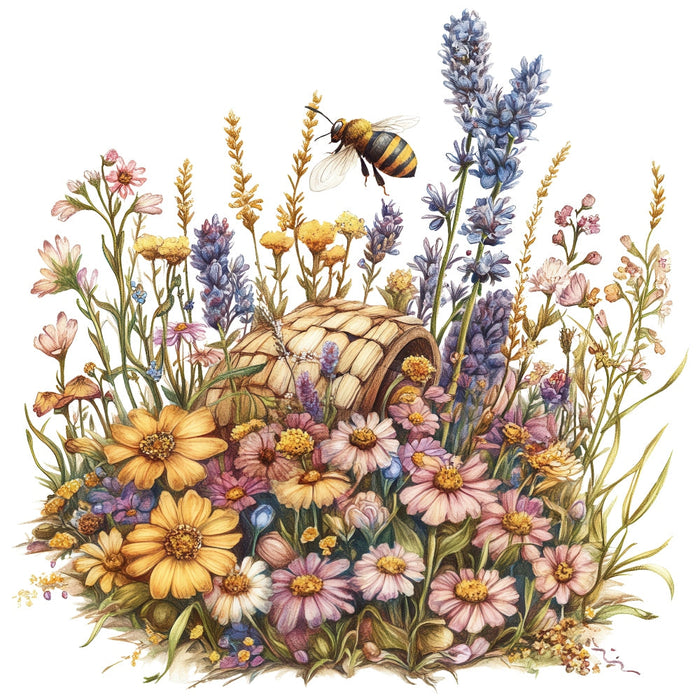 Rustic Beehive with Flowers Fabric Panel 35