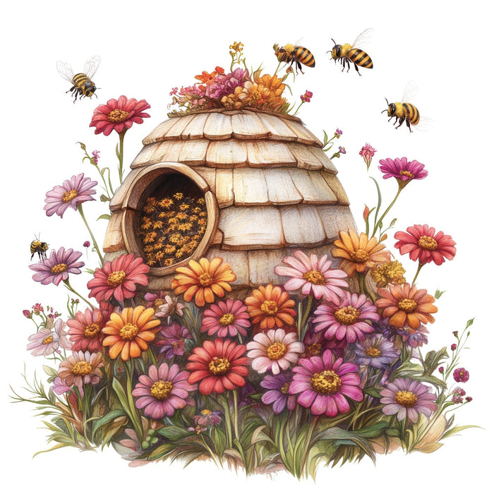Rustic Beehive with Flowers Fabric Panel 8