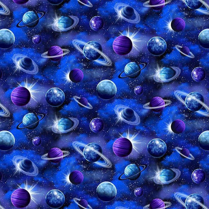 Navy Tossed Planets Cotton 44"/45" Fabric Per Yard