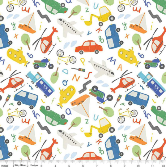 RB Flannel White Alphabet with Automobiles-Designer Flannel F14695