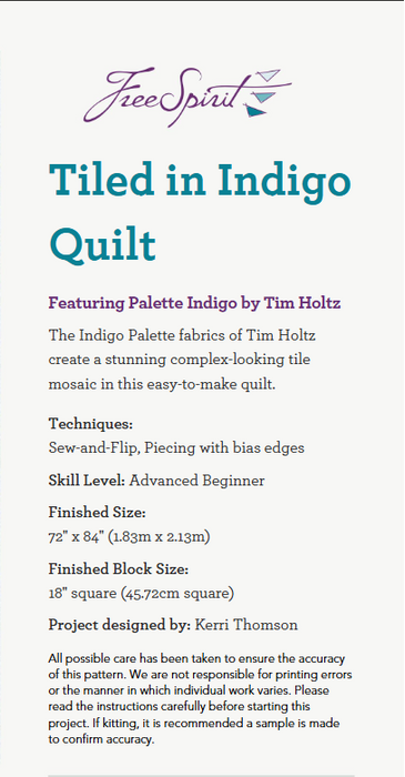 Quilt pattern titled 'Tiled in Indigo' with blue and white geometric design on a white background.