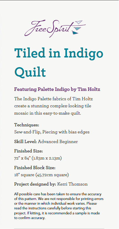 Quilt pattern titled 'Tiled in Indigo' with blue and white geometric design on a white background.